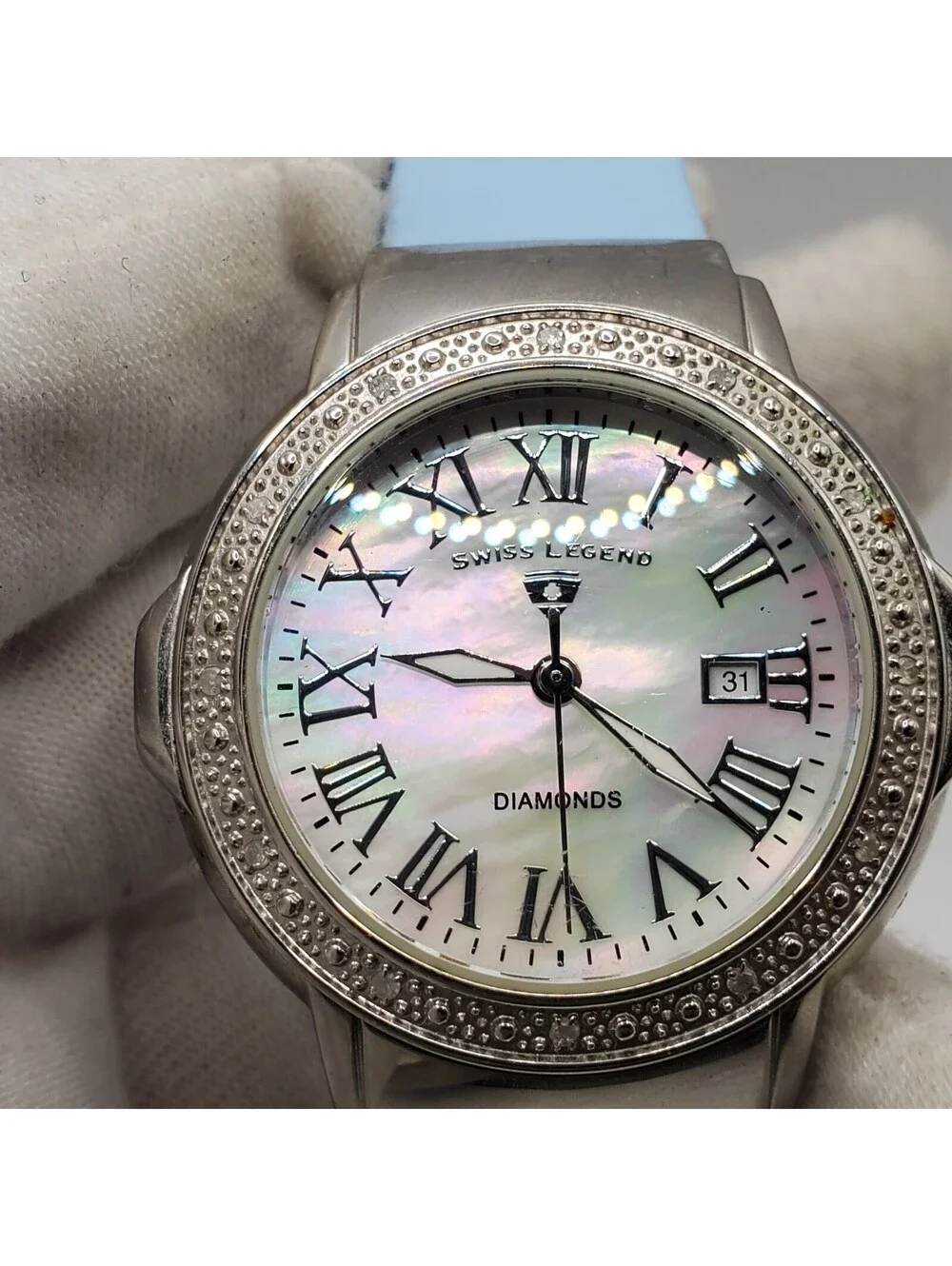 Swiss Legend South Beach Diamond Watch Women 36mm Silver Tone MOP New Battery